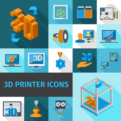 Printer digital 3d technology decorative icons set isolated vector illustration