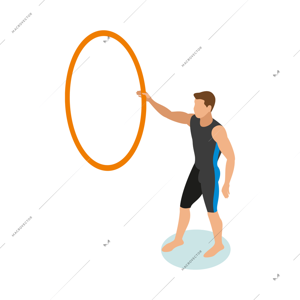 Sea circus isometric composition with isolated human character of tamer in swimming suit vector illustration