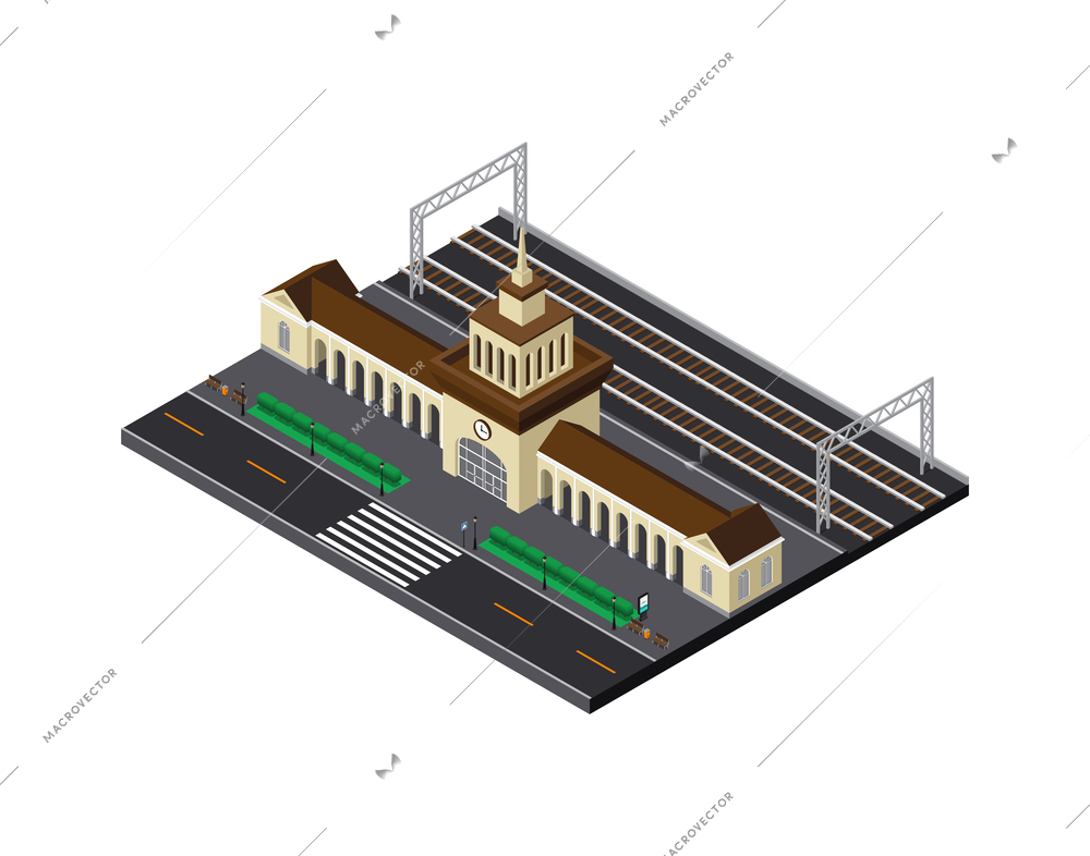 Railway train station isometric composition with view of terminal building and surrounding area vector illustration