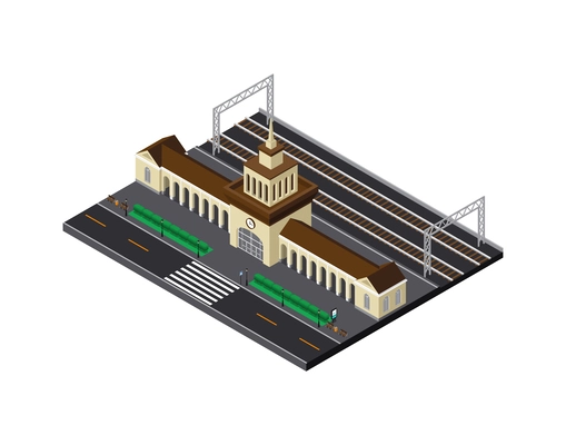 Railway train station isometric composition with view of terminal building and surrounding area vector illustration