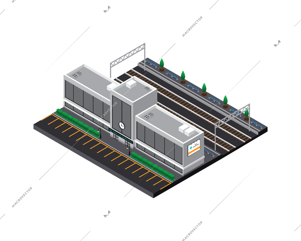 Railway train station isometric composition with view of terminal building and surrounding area vector illustration
