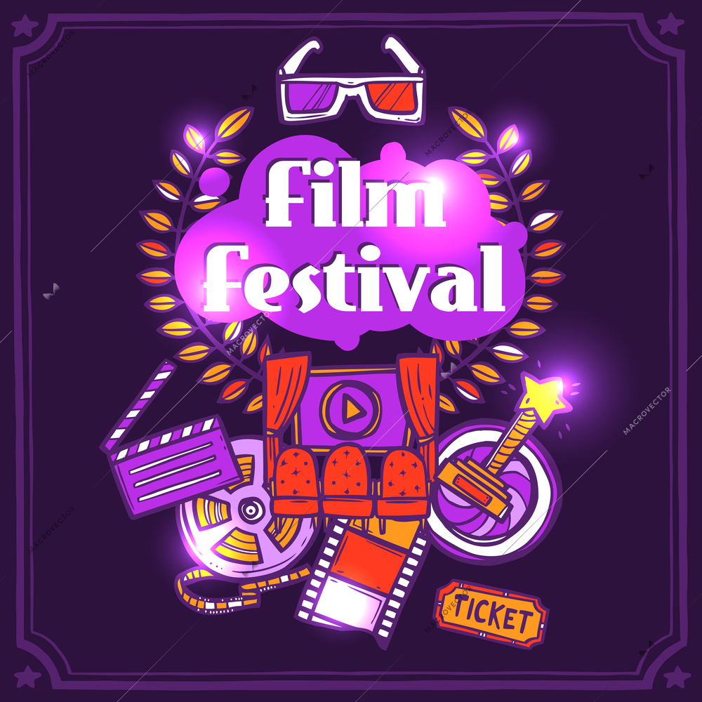 Cinema sketch poster with film festival art symbols vector illustration