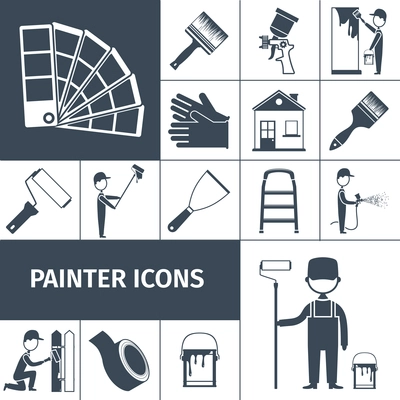 House decoration icons set with paint scraper air brush and rubber gloves black abstract isolated vector illustration