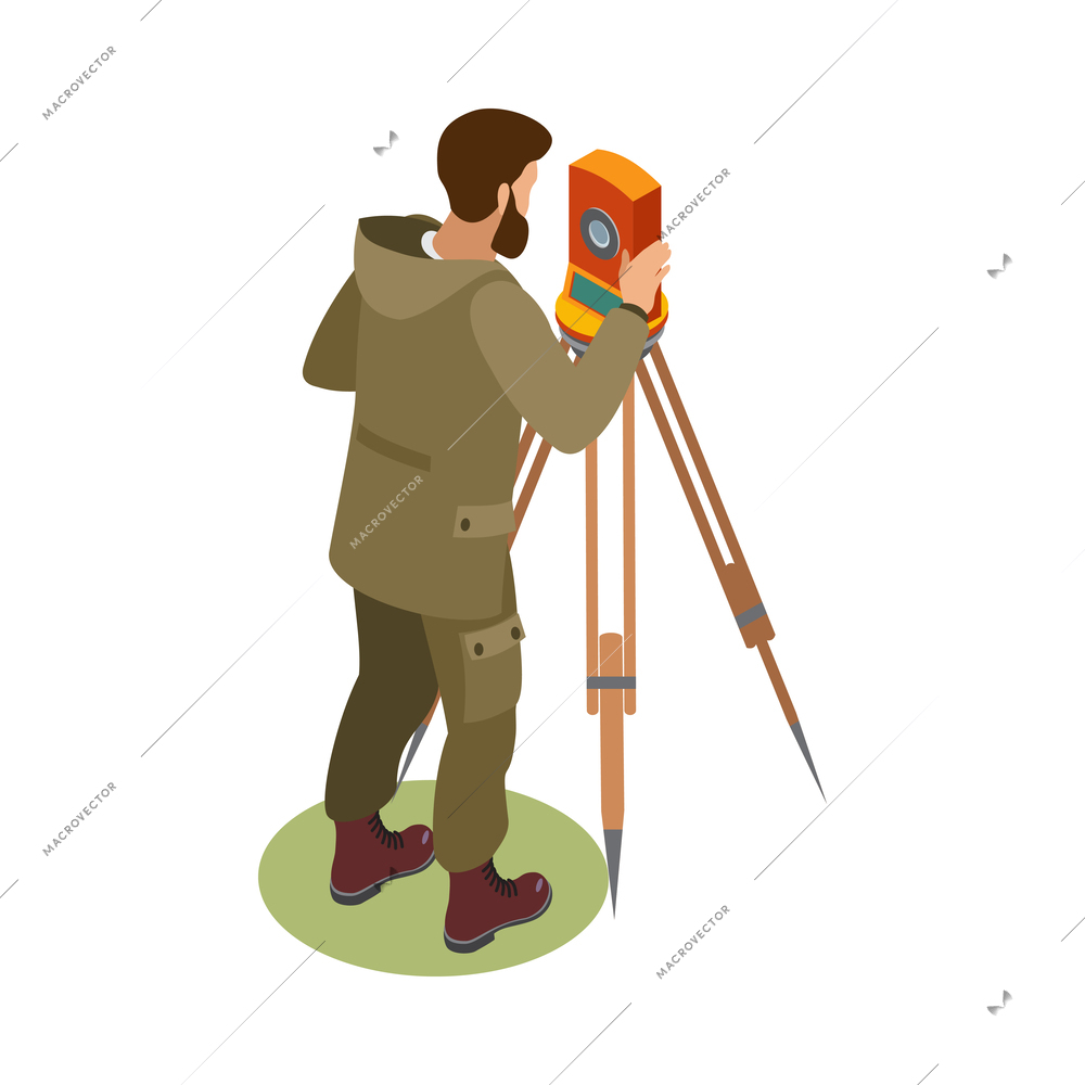 Earth exploration isometric composition with human character of geologist at work on blank background vector illustration
