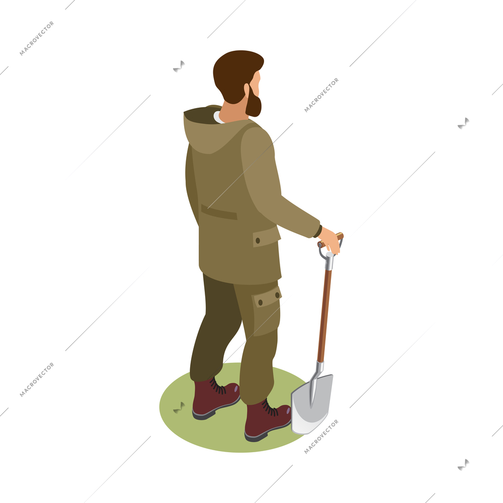 Earth exploration isometric composition with human character of geologist at work on blank background vector illustration