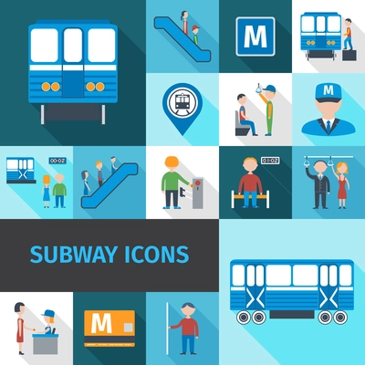 Subway decorative icons flat set with transport passengers employees and objects isolated vector illustration