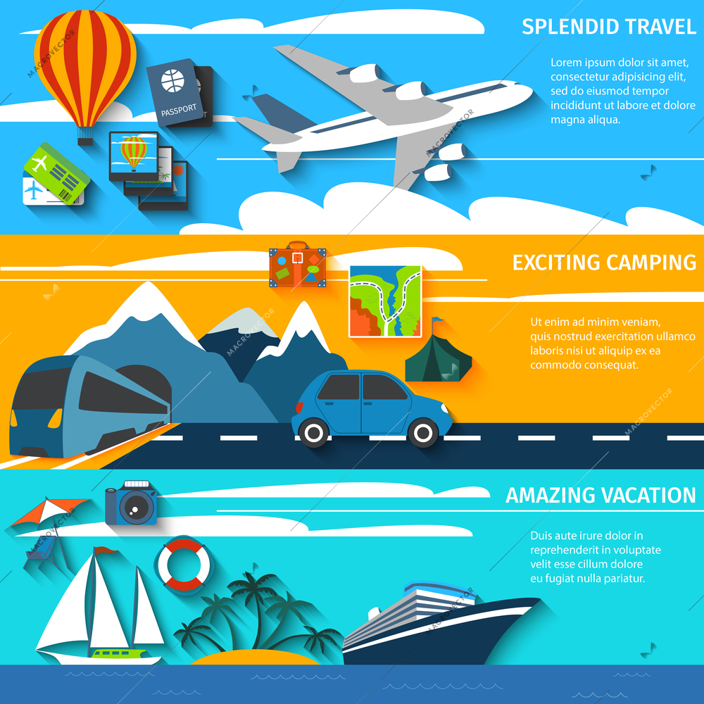 Tropical island vacation aircraft travel and outdoor camping route horizontal banners set flat abstract isolated vector illustration