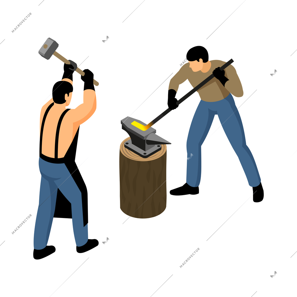 Isometric blacksmith composition with isolated iron forging shop icon on blank background vector illustration