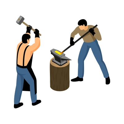 Isometric blacksmith composition with isolated iron forging shop icon on blank background vector illustration