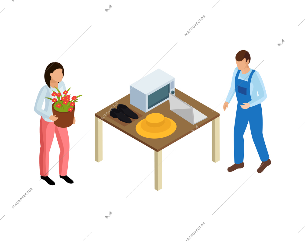 Sharing economy isometric composition with human characters sharing items on blank background vector illustration