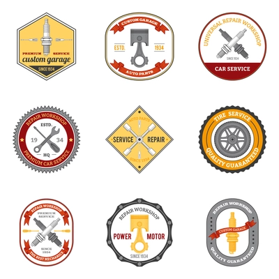 Repair workshop car and motorcycle mechanic emblems colored set isolated vector illustration