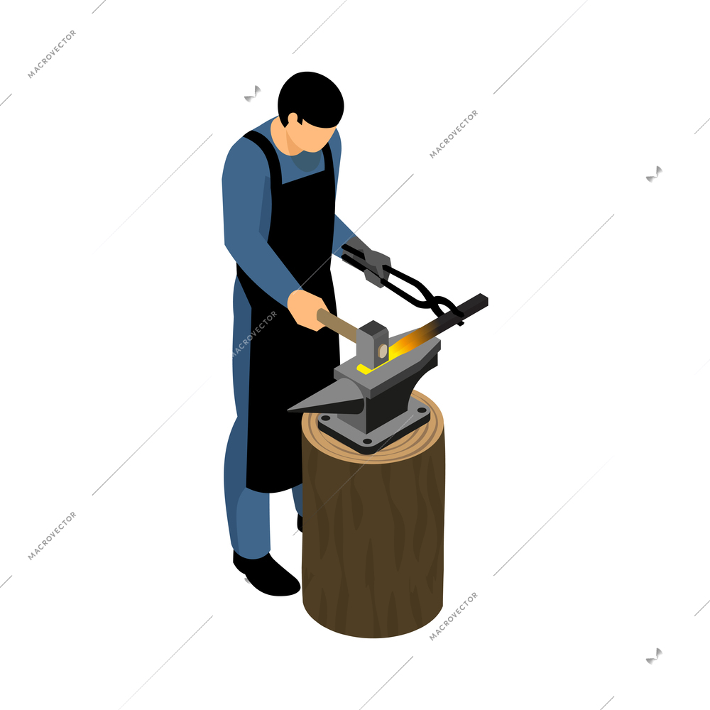 Isometric blacksmith composition with isolated iron forging shop icon on blank background vector illustration