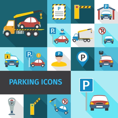 Parking garage and car service decorative icons flat set isolated vector illustration