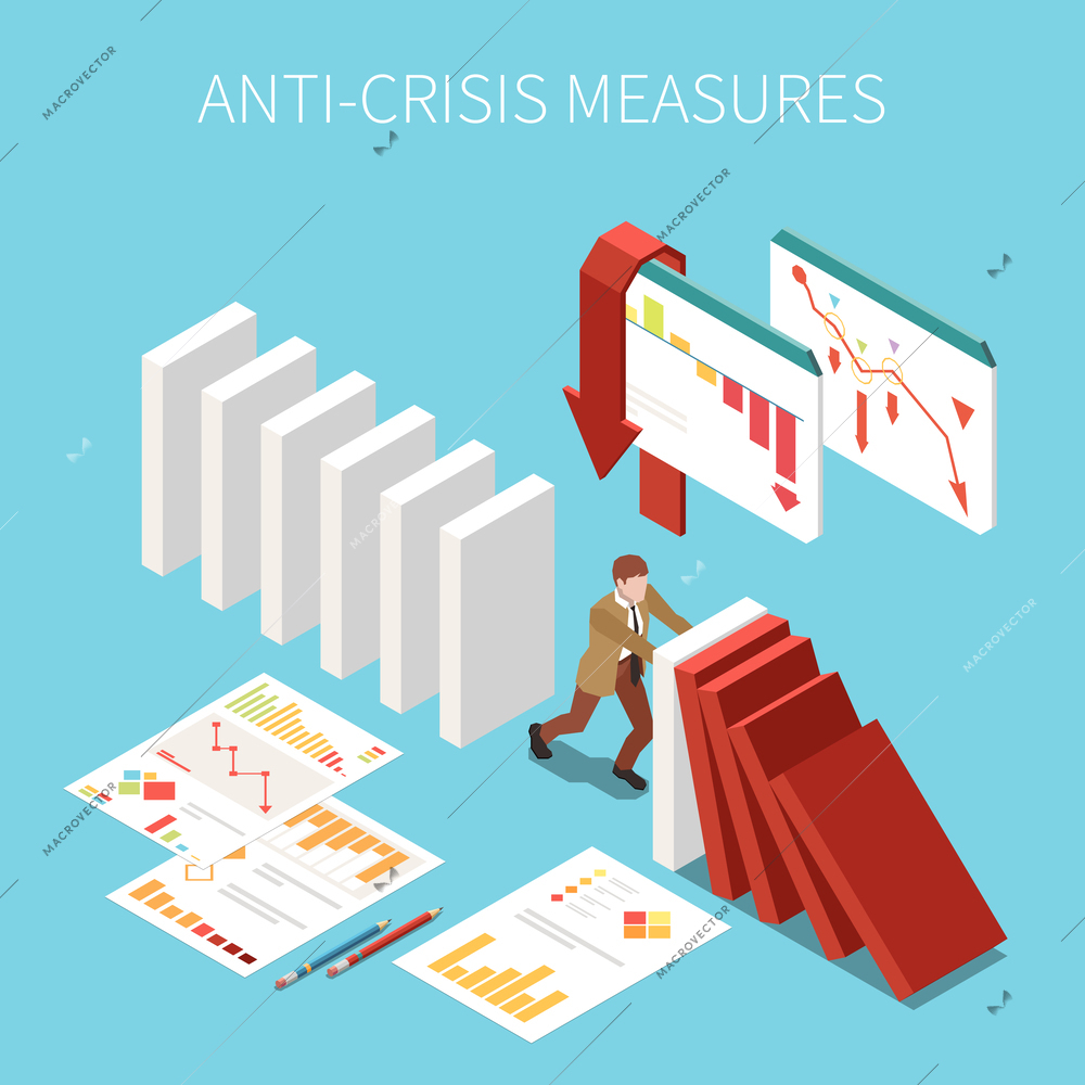 Anti-crisis measures isometric concept with businessman trying to manage business problems vector illustration