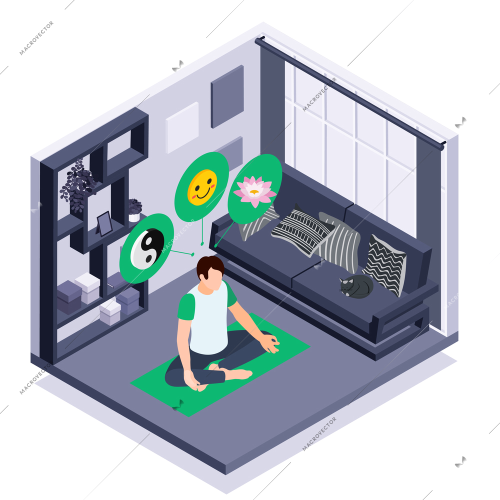 Mental health wellness icons composition with isolated view of living room with sitting man practicing mindfulness vector illustration