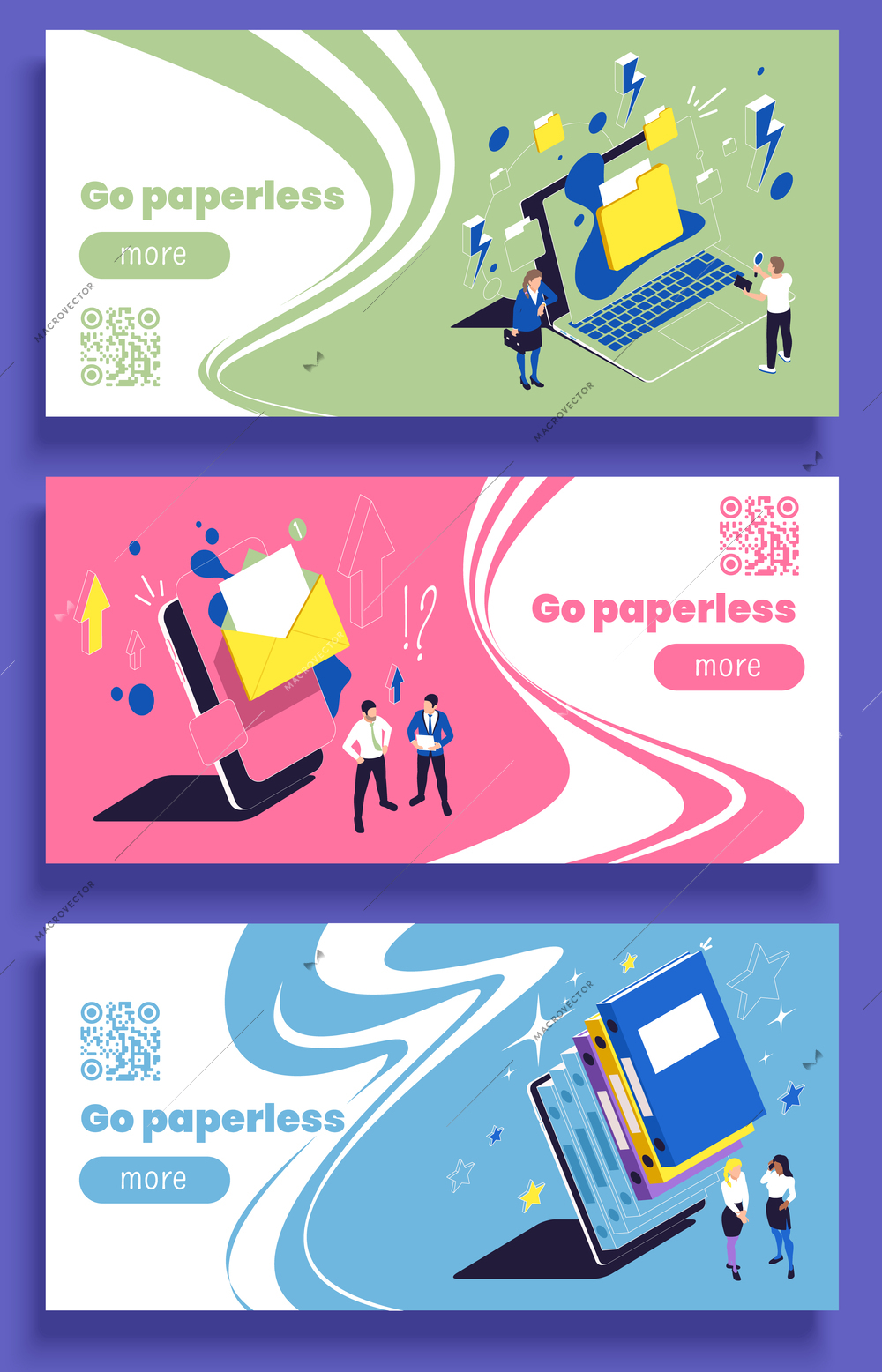 Go paperless concept isometric vertical banners set isolated vector illustration
