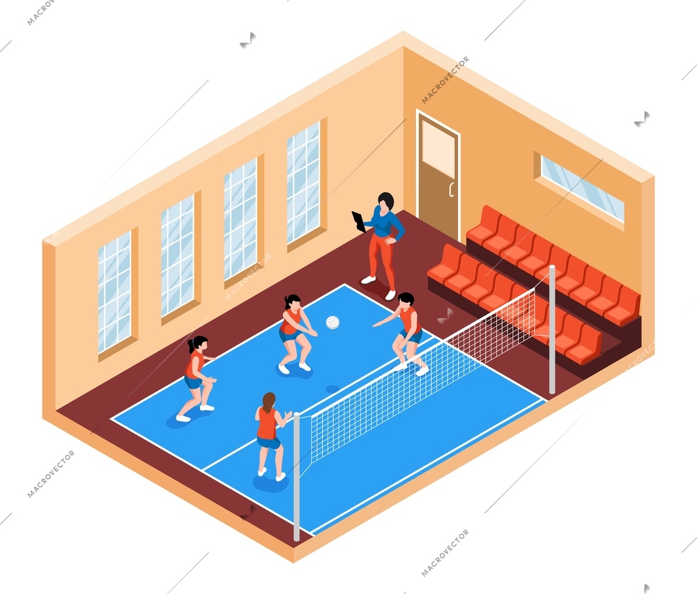 Female school team playing volleyball in gym 3d isometric vector illustration