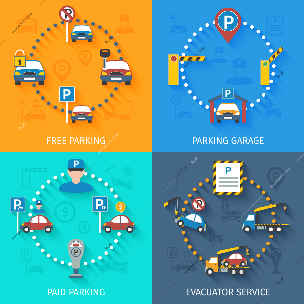 Parking design concept set with free and paid garage elevator service flat icons isolated vector illustration