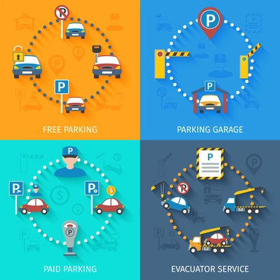 Parking design concept set with free and paid garage elevator service flat icons isolated vector illustration