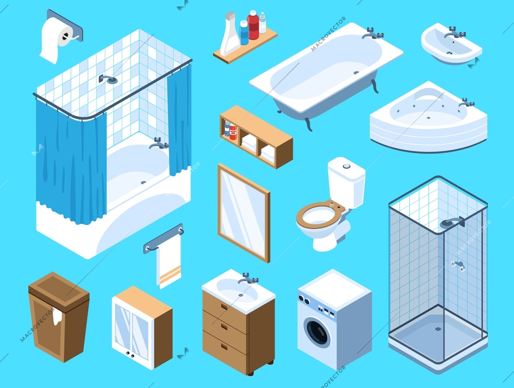 Isometric set of elements for bathroom interior with toilet bathtub washbasin washing machine furniture and accessories isolated on blue background 3d vector illustration