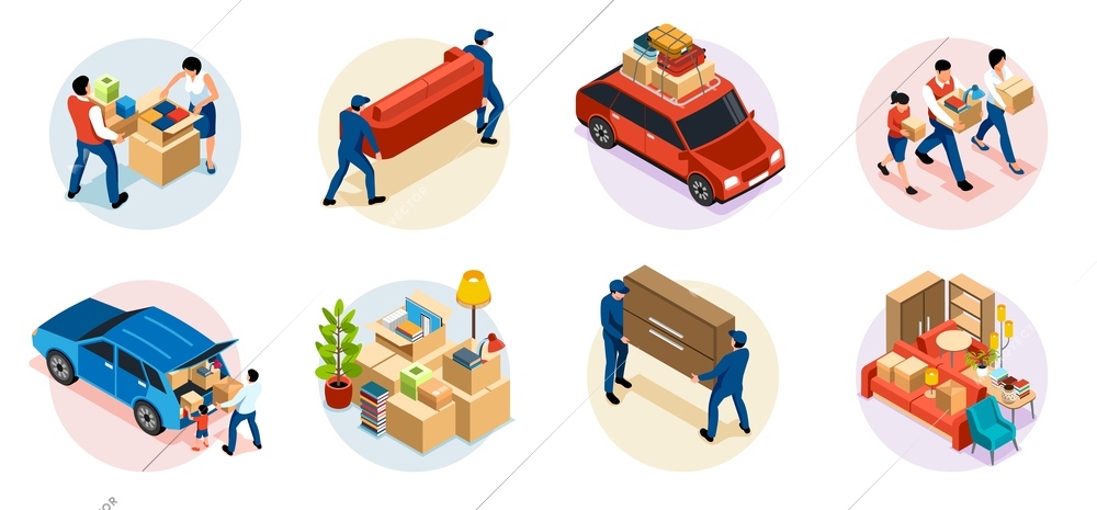 Family moving compositions set with movers and owners carrying furniture and boxes loading packed belongings into car 3d isometric isolated vector illustration