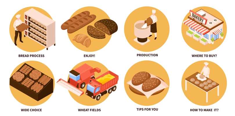 Bread production round set with bread process symbols isometric isolated vector illustration
