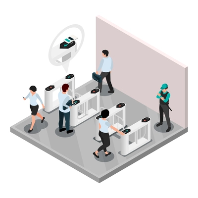 Access control system isometric composition with isolated indoor scenery and set of turngates with passing workers vector illustration