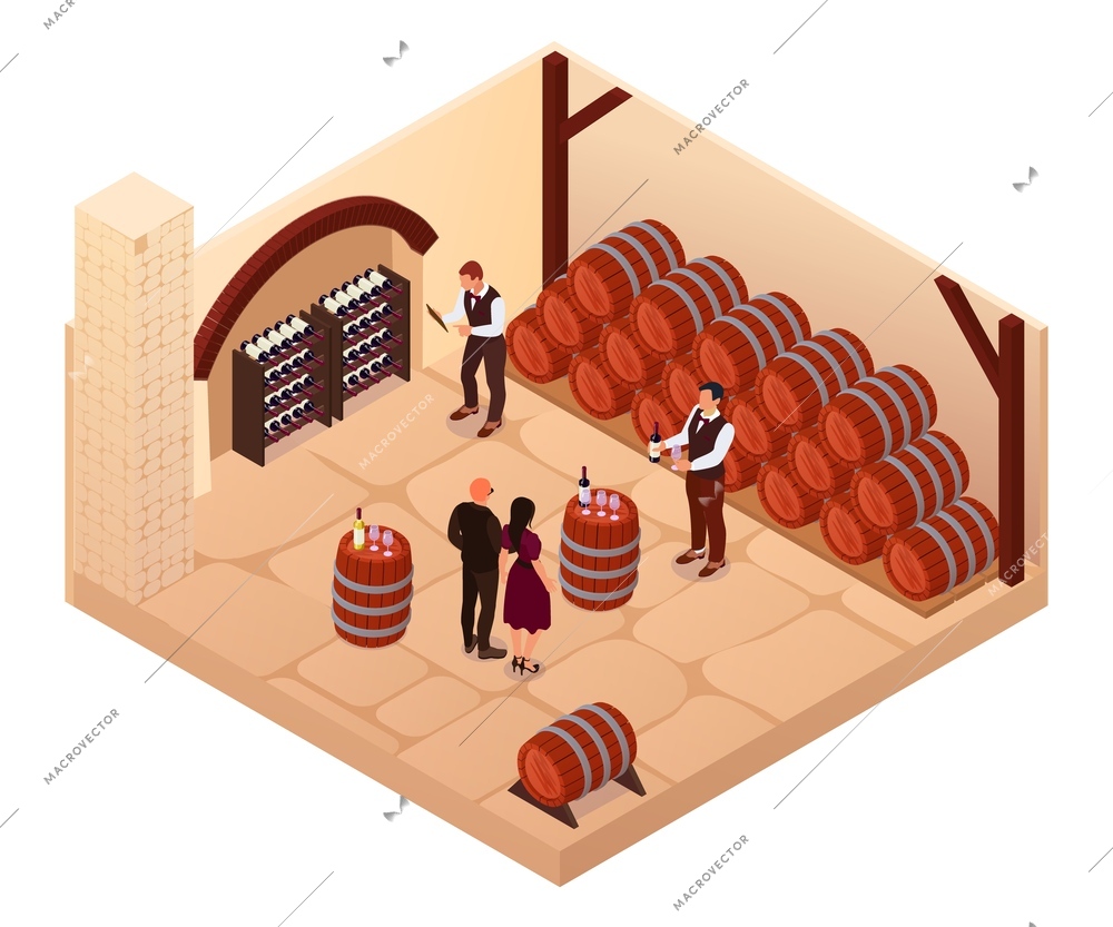 Isometric wine cellar composition with isolated view of underground area with wooden barrels and human characters vector illustration