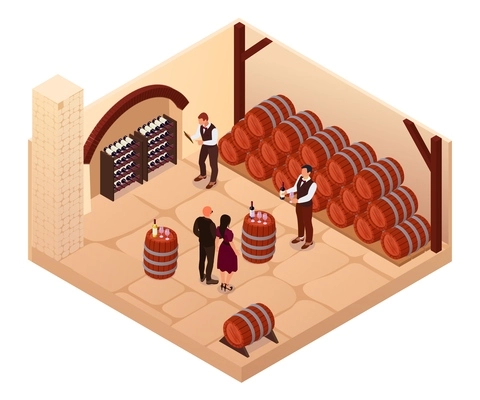 Isometric wine cellar composition with isolated view of underground area with wooden barrels and human characters vector illustration