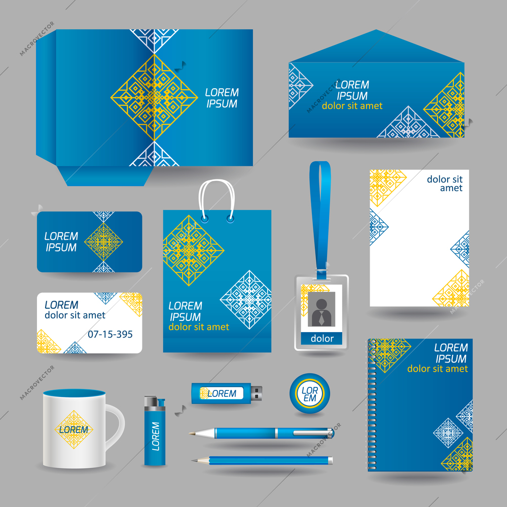 Blue ornamental business stationery template for corporate identity and branding set vector illustration