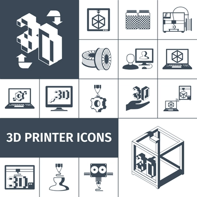 Printer with 3d technologies black decorative icons set isolated vector illustration