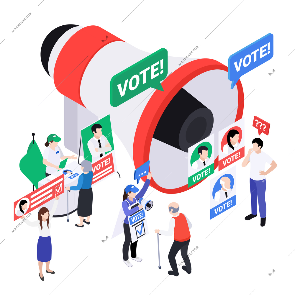 Politicians lawmakers isometric composition with human character of voting supporters with placards megaphones and thought bubbles vector illustration