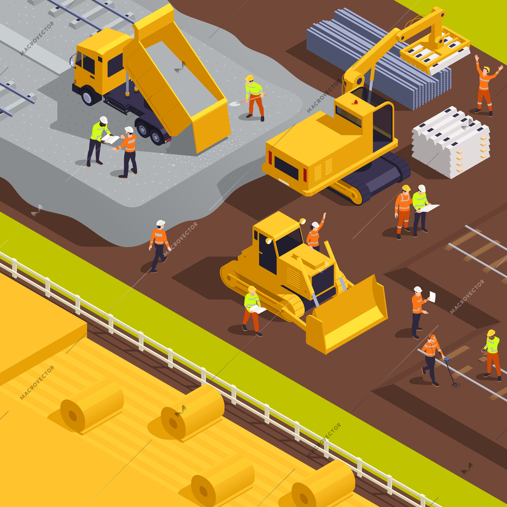 Railroad track laying construction vehicles railway equipment machines isometric composition with outdoor scenery of construction site vector illustration