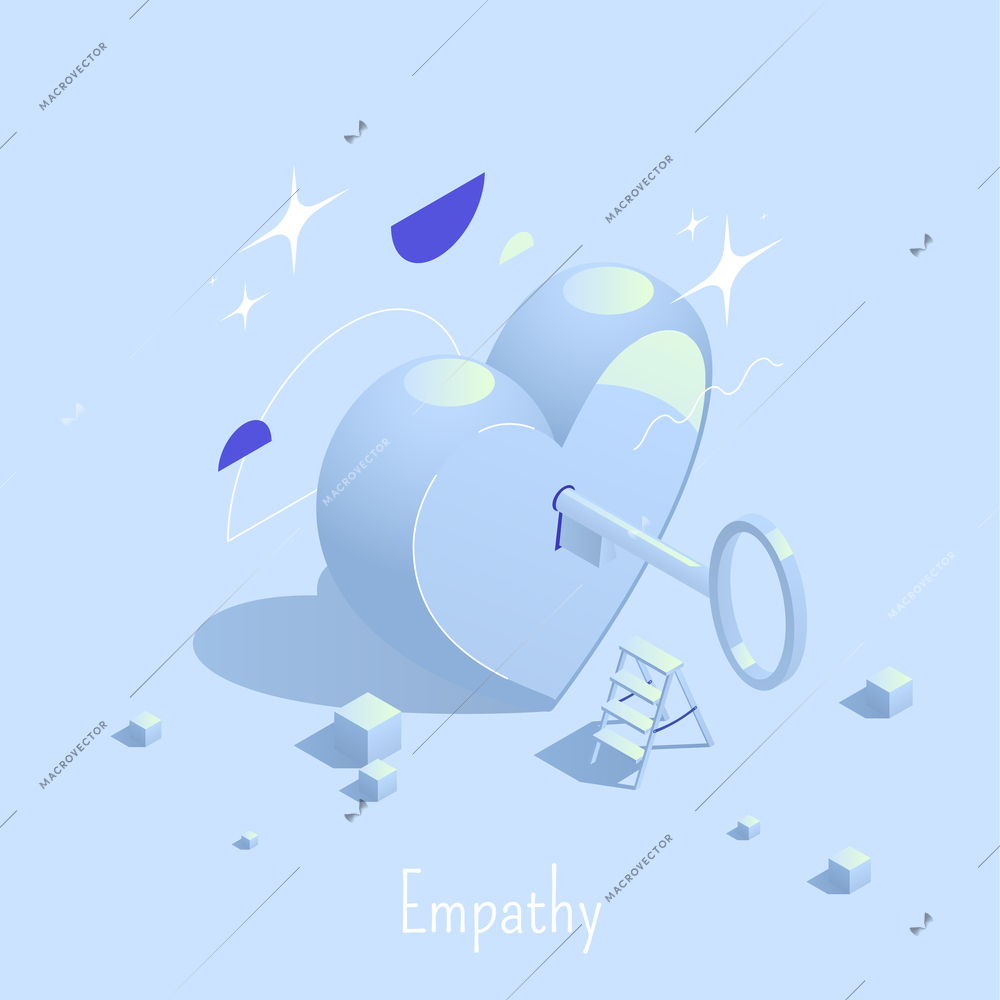 Emotional intelligence thinking mental concepts isometric composition with ornate text and heart with key in hole vector illustration