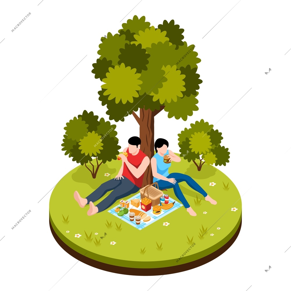 Picnic party isometric concept with family couple eating outdoors vector illustration
