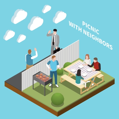 Neighbor isometric concept with people having bbq on backyard vector illustration