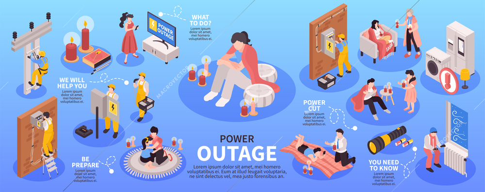 Isometric power outage infographics with isolated icons of power units and technicians performing maintenance with text vector illustration