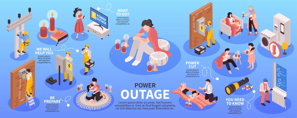 Isometric power outage infographics with isolated icons of power units and technicians performing maintenance with text vector illustration