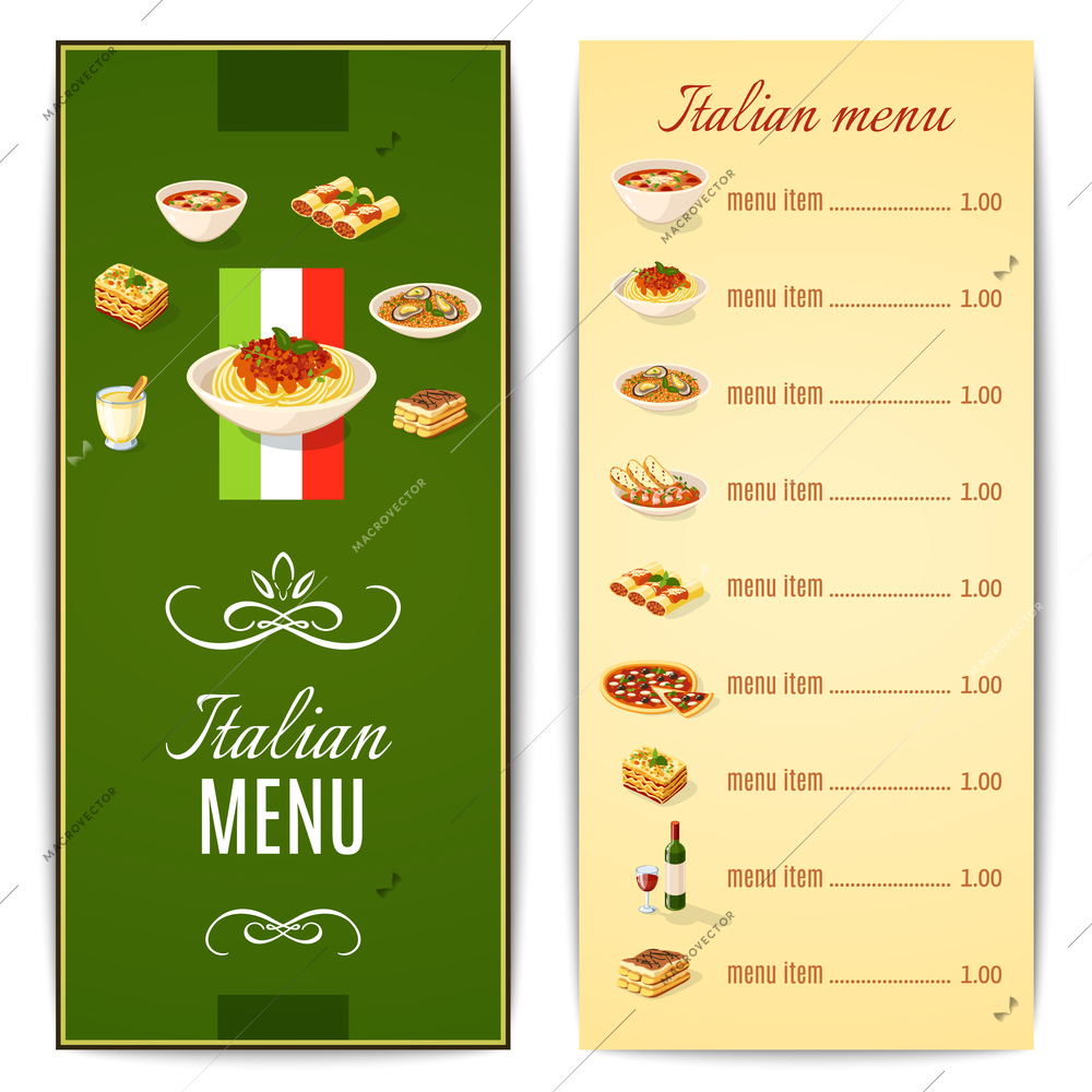 Italian restaurant menu template with traditional food cuisine vector illustration