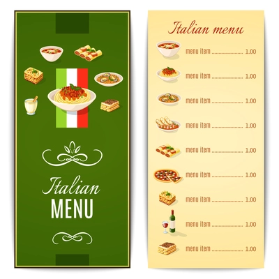 Italian restaurant menu template with traditional food cuisine vector illustration