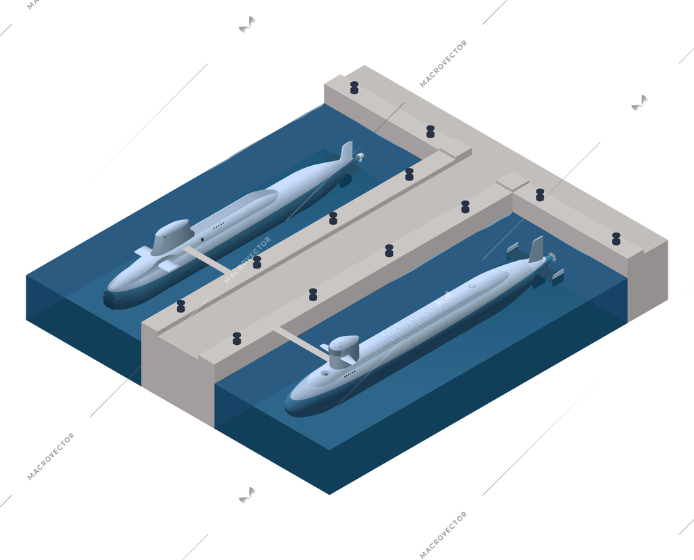 Submarines isometric composition with isolated view of dockside on blank background with two crafts laid up vector illustration
