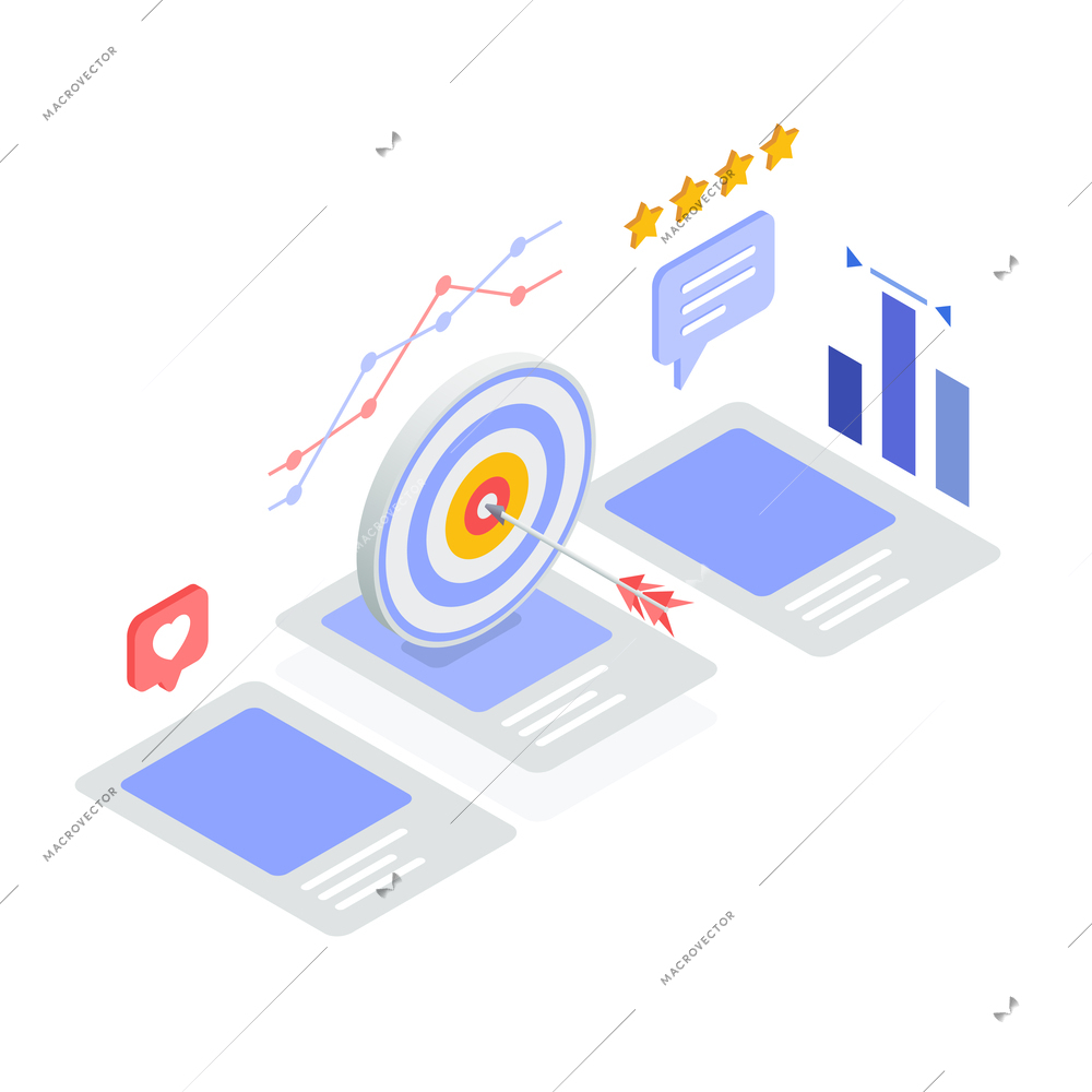 Seo search engine optimization isometric composition with flat charts graphs social posts rating stars target icons vector illustration