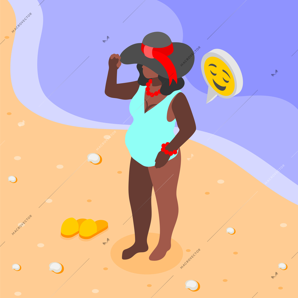 Happy overweight woman wearing swimsuit and summer hat in background with sea and beach isometric 3d vector illustration