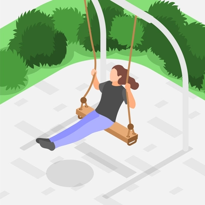 Girl swinging on rope swing isometric background 3d vector illustration