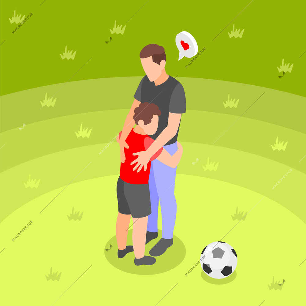 Hugs day isometric concept with boy hugging his dad on sports field vector illustration