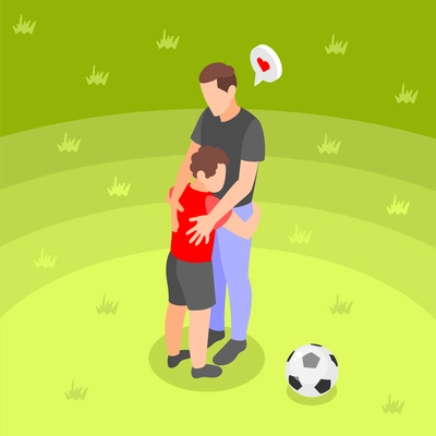 Hugs day isometric concept with boy hugging his dad on sports field vector illustration