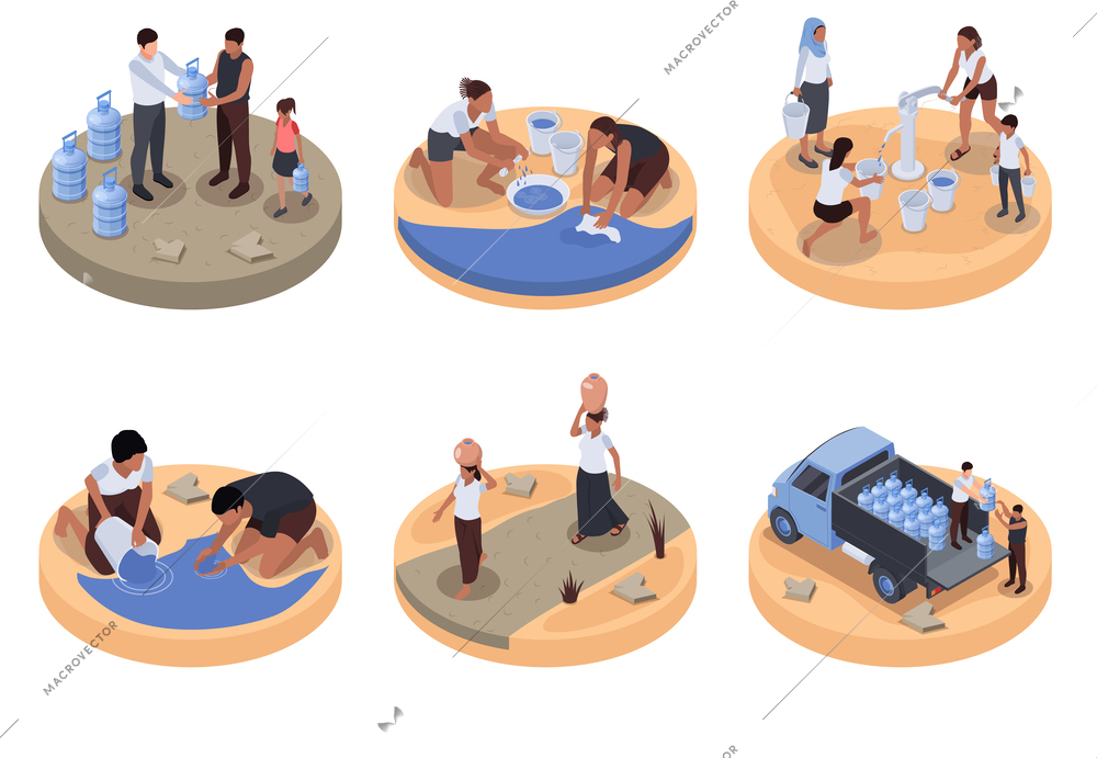 Water scarcity isometric compositions with women washing clothes in puddle or lake and  walking with water pots on their heads isolated vector illustration