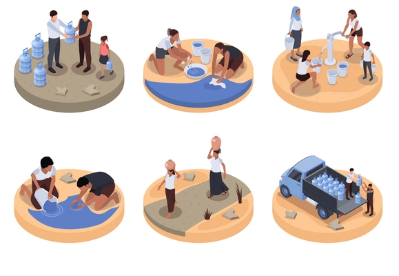 Water scarcity isometric compositions with women washing clothes in puddle or lake and  walking with water pots on their heads isolated vector illustration