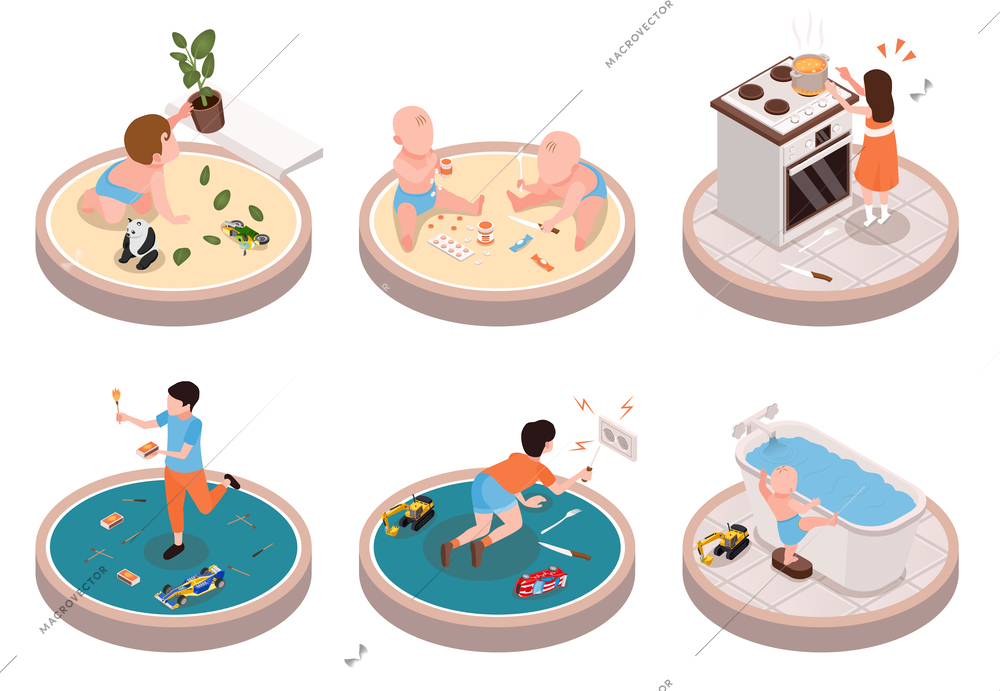 Children in dangerous situations isometric compositions showing kids alone in bathroom or kitchen playing with fire and electricity isolated vector illustration