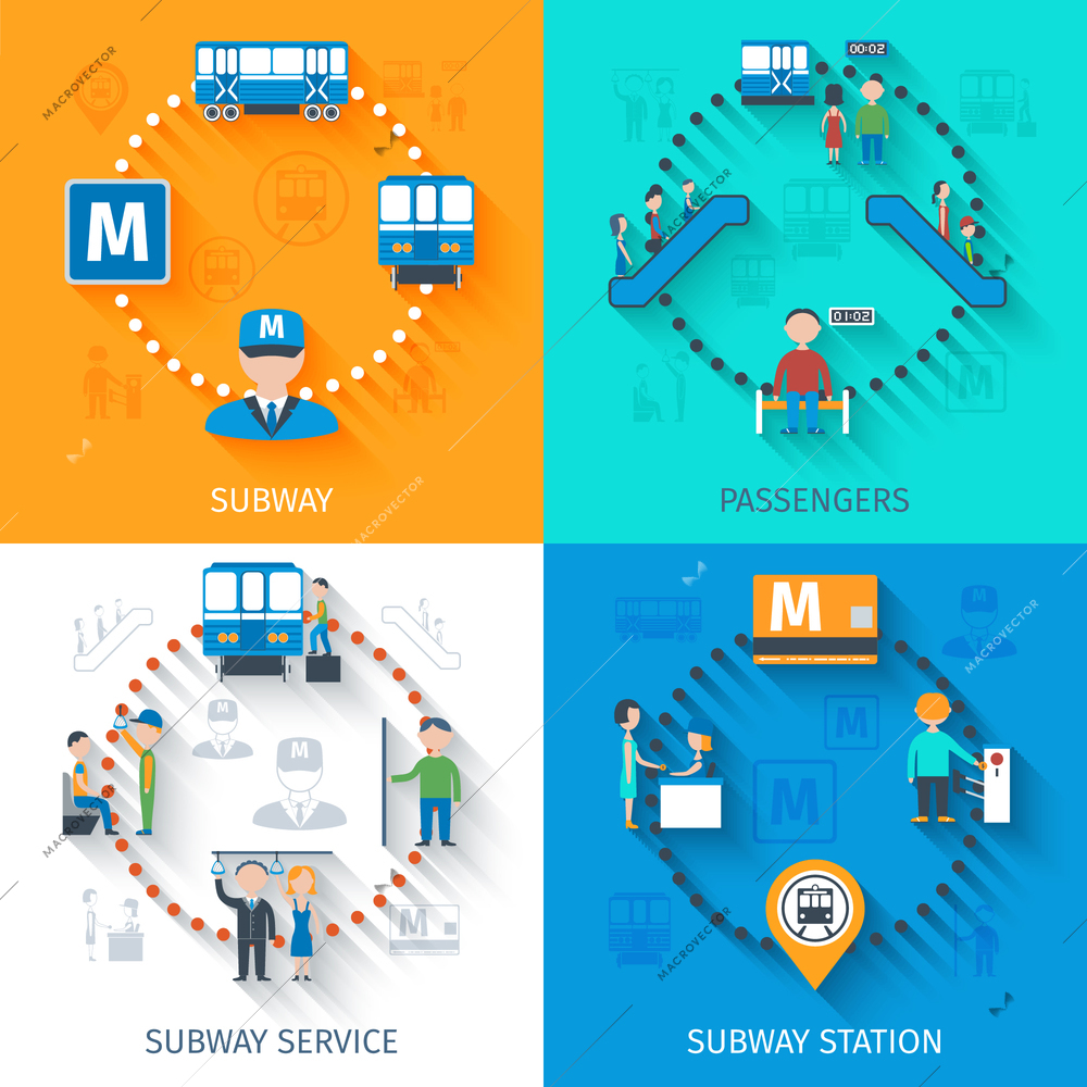 Subway design concept set with passenger station and service flat icons isolated vector illustration